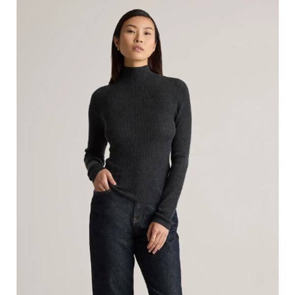 Quince 100% Cashmere Featherweight Ribbed Mock Neck Turtleneck Sweater Gray - Picture 14 of 15